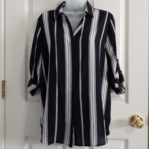Black and white strip button down blouse